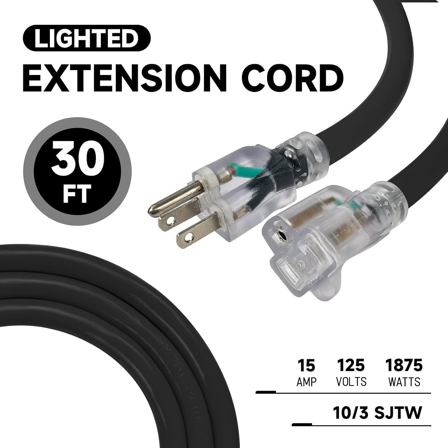 30 Ft 10/3 SJTW Lighted Outdoor Extension Cord, Black | 10 Gauge Heavy Duty Exte