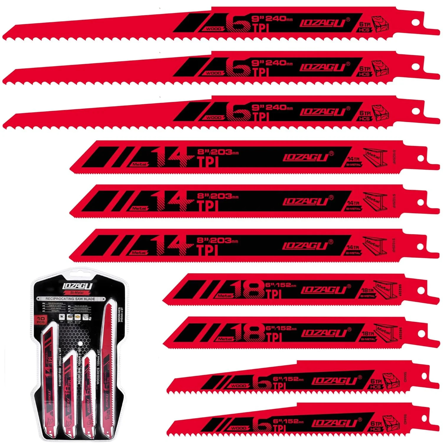 10-Piece Reciprocating Saw Blades Set with Storage Case, 6″ 8″ & 9″ Wood & Metal