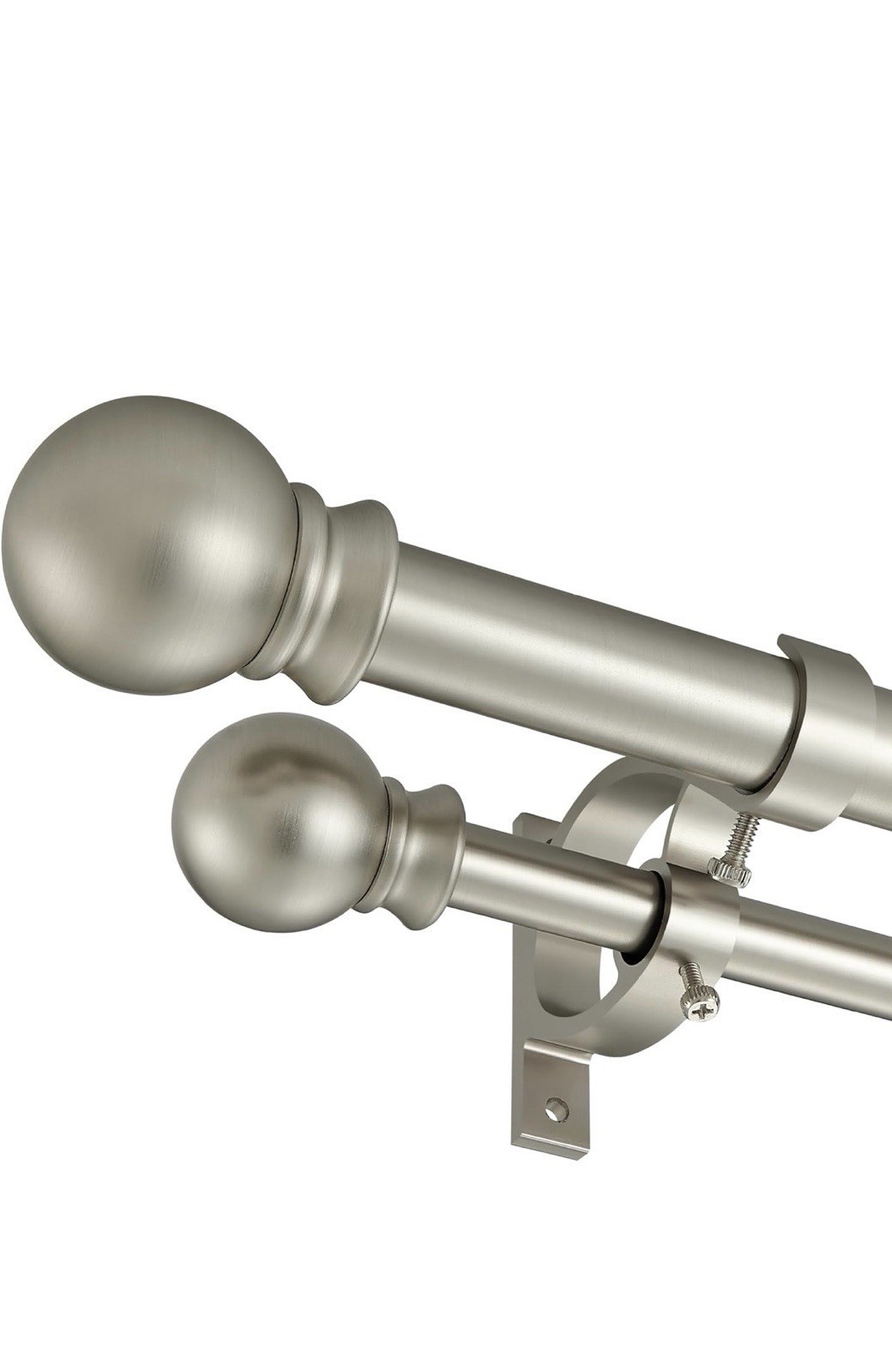 Double Curtain Rod Set 1.56in Aluminum Silver w/ Ball Finials & Brackets