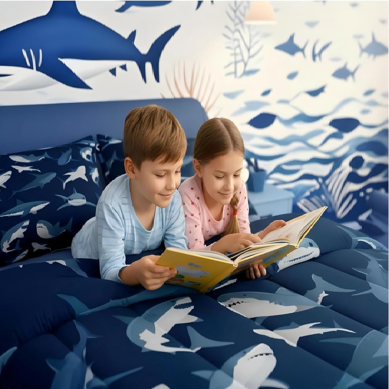 Boys Shark Bedding Set Ocean Sealife Comforter Set for Kids Youth Teens,Under Se