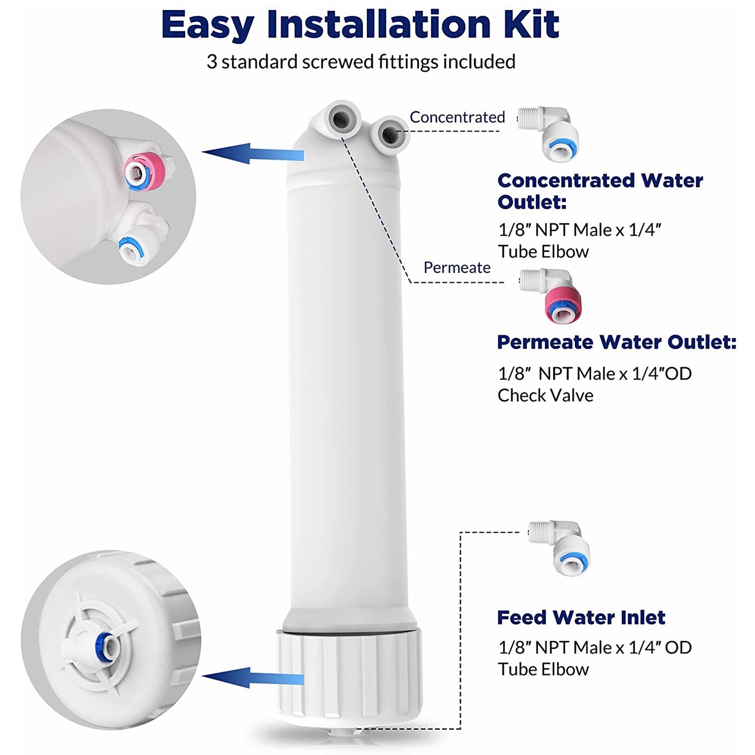 150 GPD RO Membrane Reverse Osmosis System Water Filter Housing+Fittings+Wrench