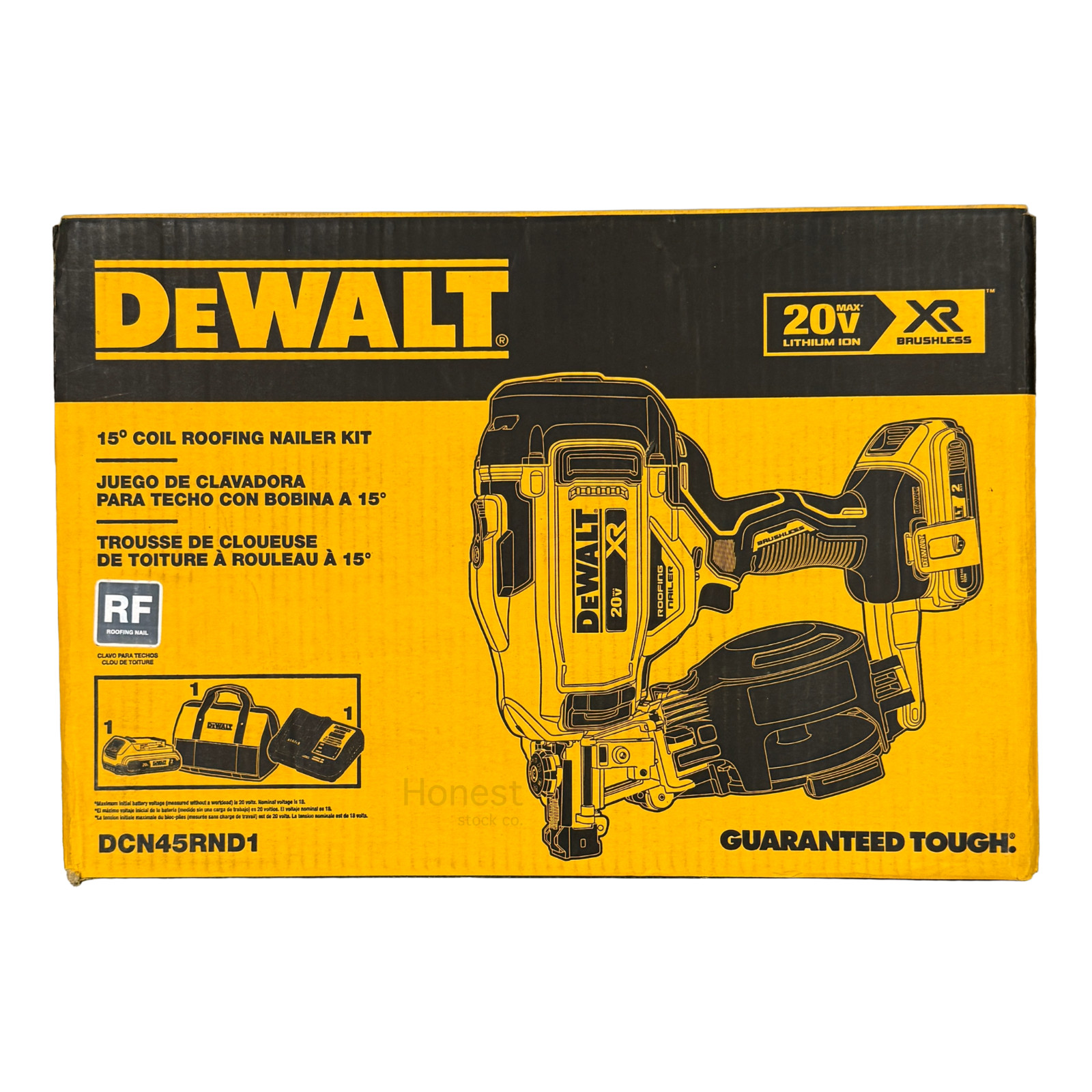 DeWalt DCN45RND1 20V MAX XR Cordless 15° Coil Roofing Nailer Kit Battery Charger