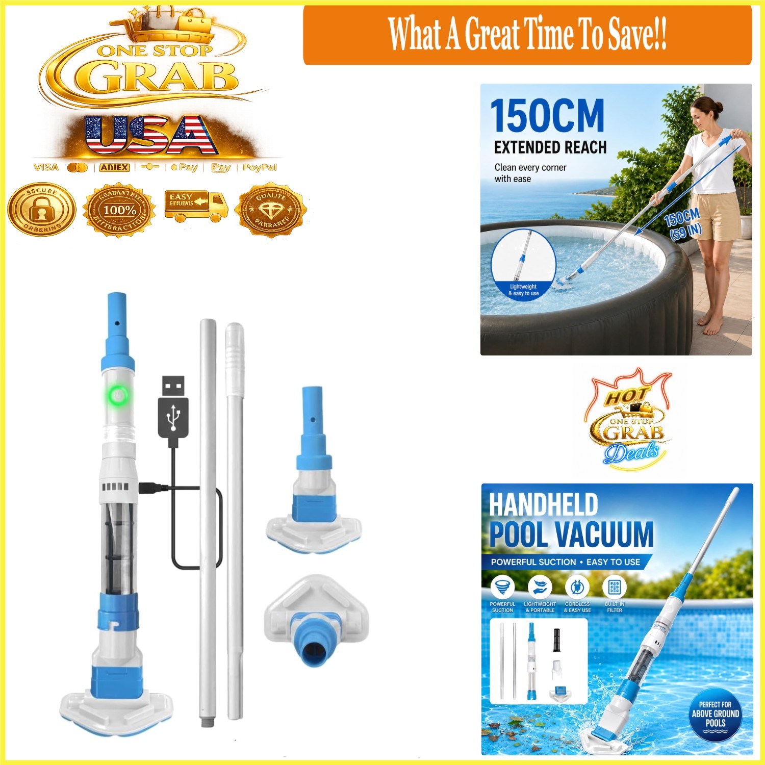 Cordless Handheld Pool Vacuum for Spas & Small Pools, Rechargeable, 13.2 GPM