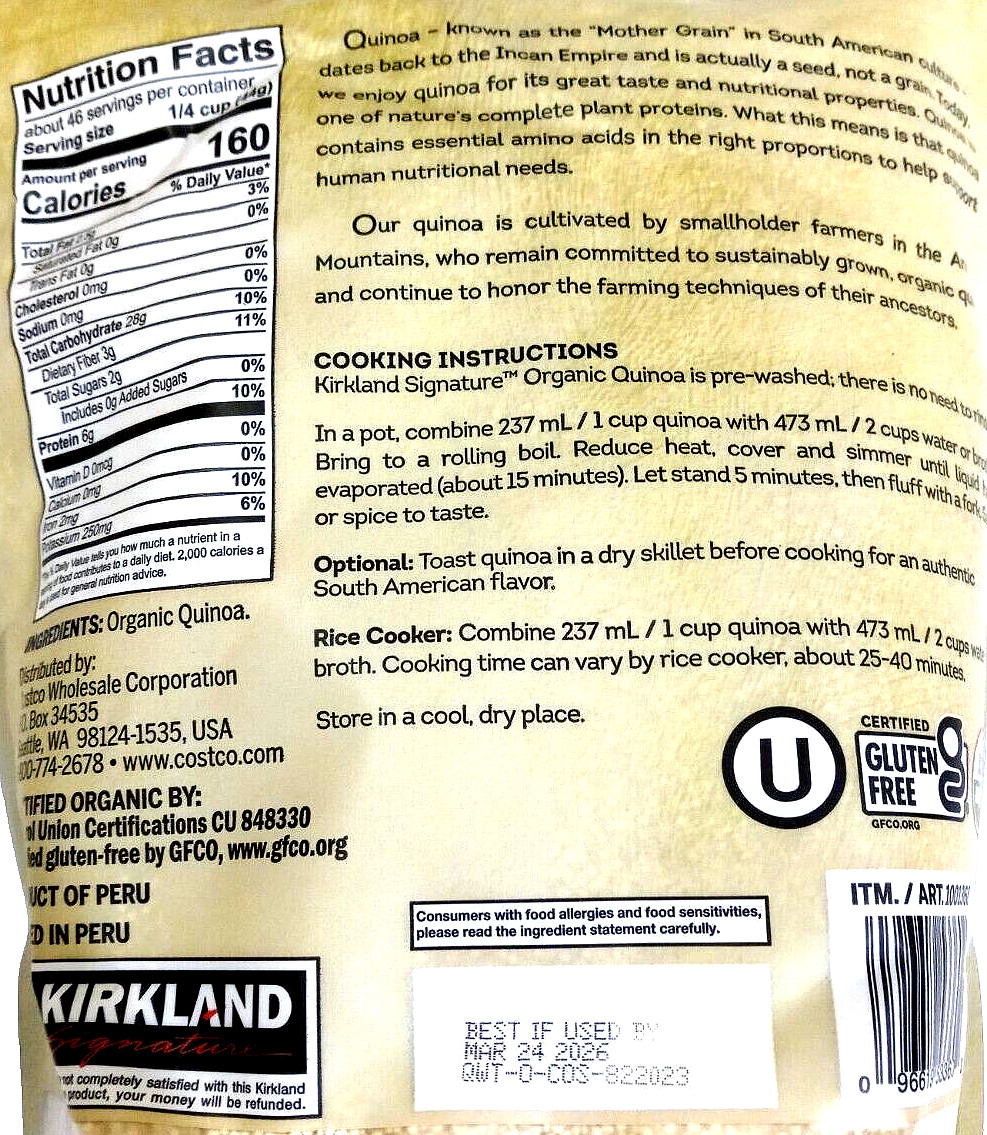 Kirkland Signature Organic Quinoa Gluten Free 4.5 lbs EXP 03/2026