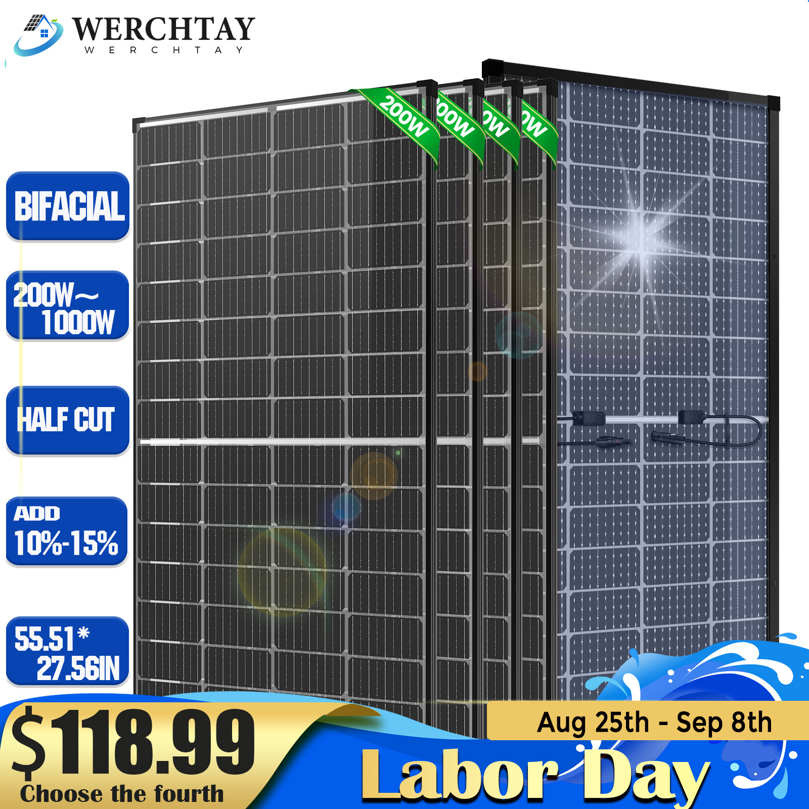 200W 400W 600W 1000Watt Solar Panel Bifacial 12V Mono Battery Home PV Power Boat
