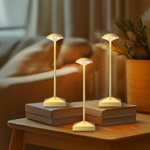 3 Pack 8.26in Gold Small Cordless Table Lamps Rechargeable, Battery Gold -B