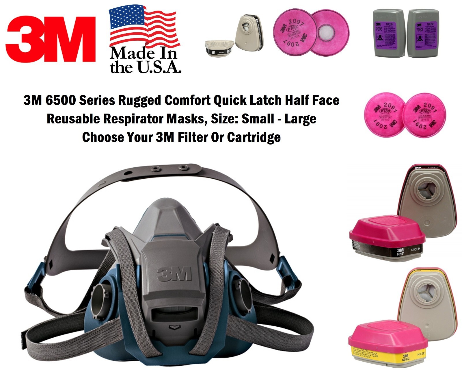 3M QUICK LATCH HALF FACE REUSABLE RESPIRATOR FACEPIECE MASK W/ CARTRIDGE OPTION
