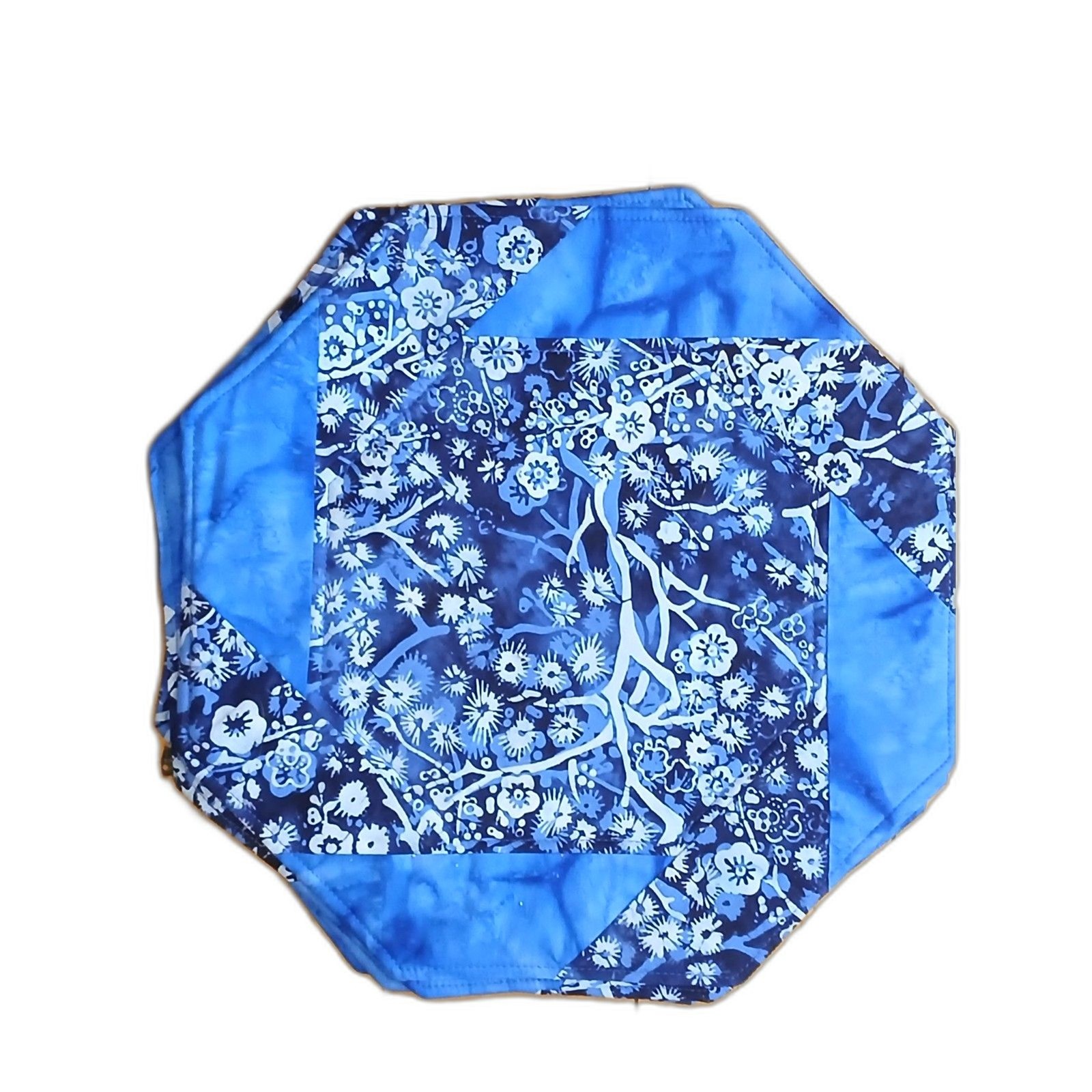 Handmade Quilted Octagon Placemats Centerpiece 5 Blue Floral Batik Cotton New