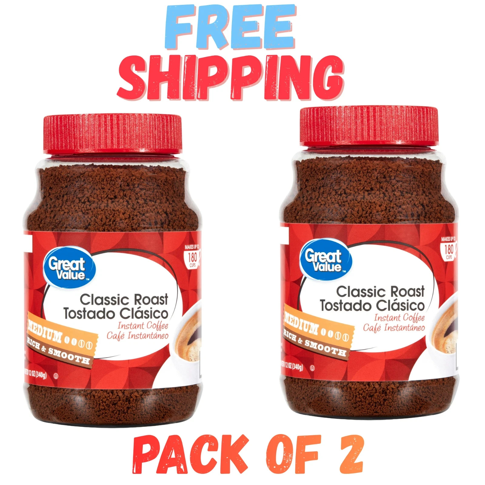 (PACK OF 2) Great Value Classic Medium Roast Instant Coffee, 12 oz