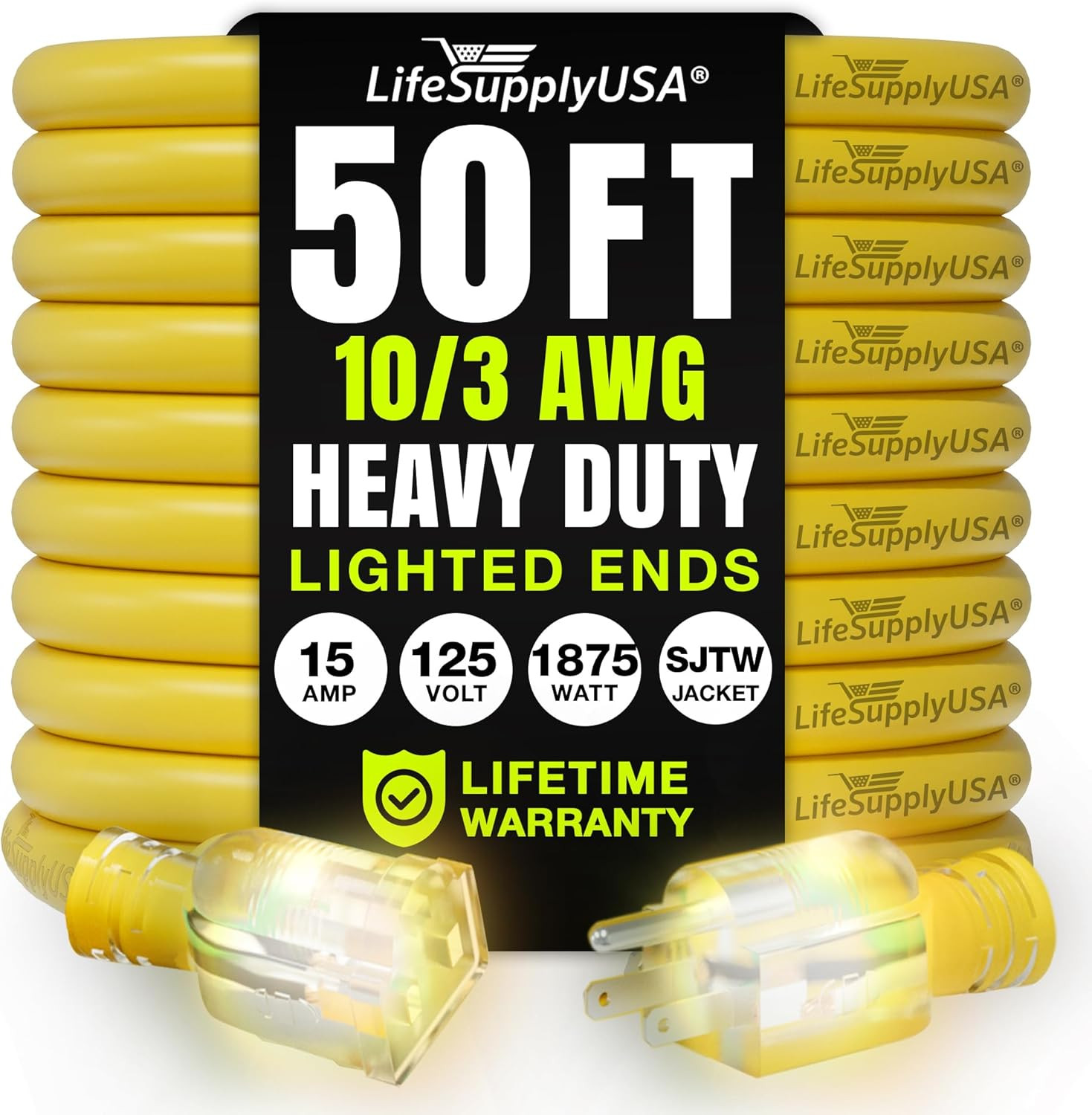 50Ft Outdoor/Indoor Extension Cord 10/3 Gauge Ultra Heavy Duty 3 Prong SJTW, Wat