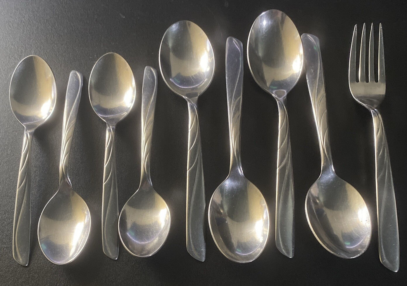 9 Vintage MCM Silco Stainless Steel INS125 Flatware Spoon Fork Lot Set Waves