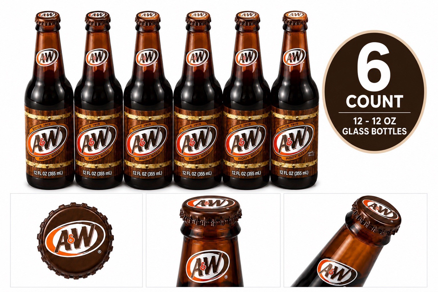 A&W Root Beer Glass Bottles 12 oz (6 Pack) Caffeine Free Made with Aged Vanilla