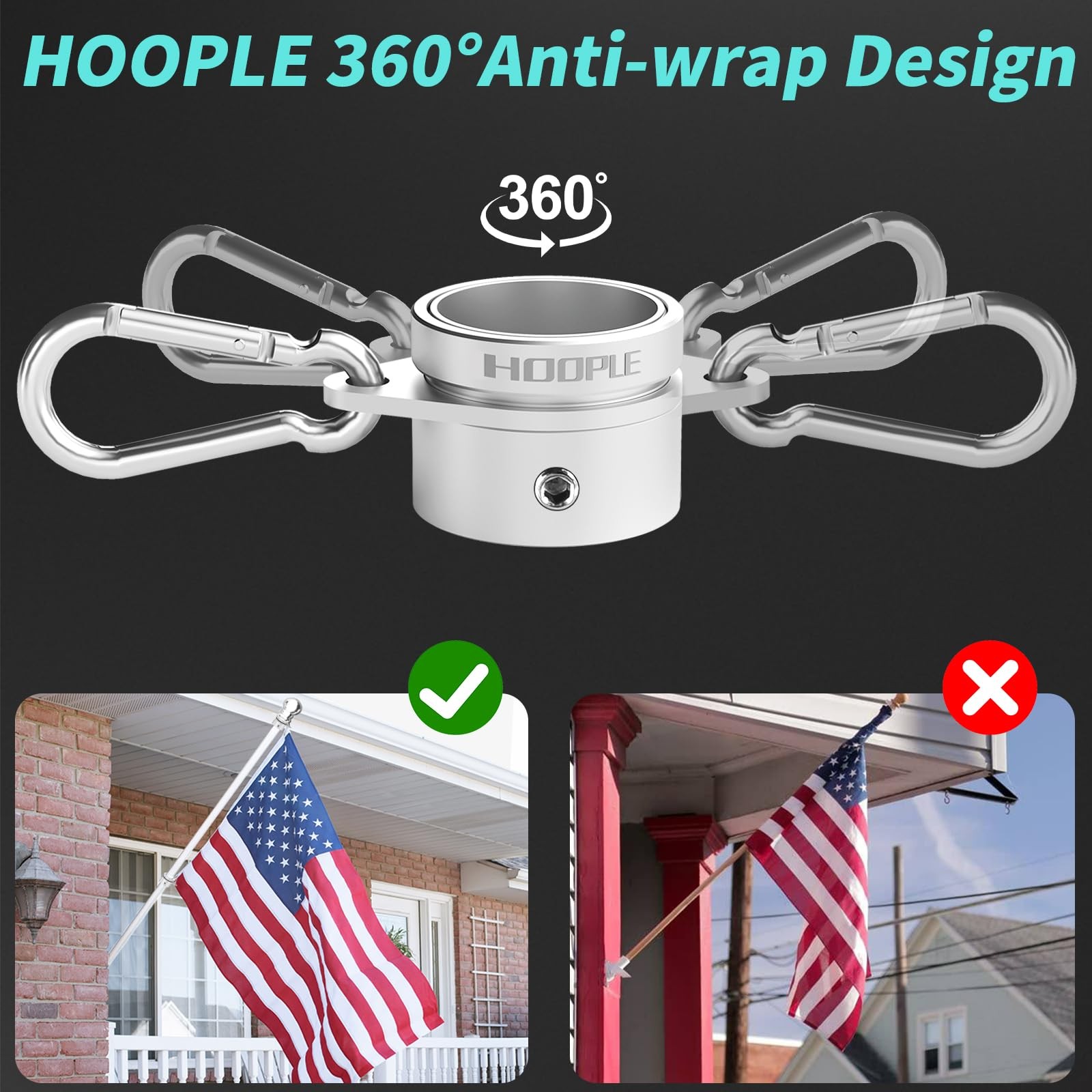 2pcs Flag Pole Ring 360° Rotating Aluminum Alloy for 0.75-1 In Pole Tangle Free