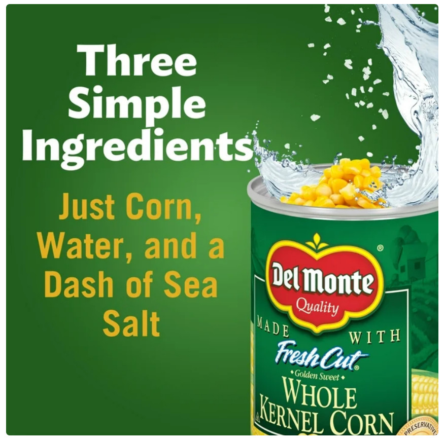 Del Monte Golden Sweet Whole Kernel Corn, Canned Vegetables 15.25 oz Can (Pk 4)
