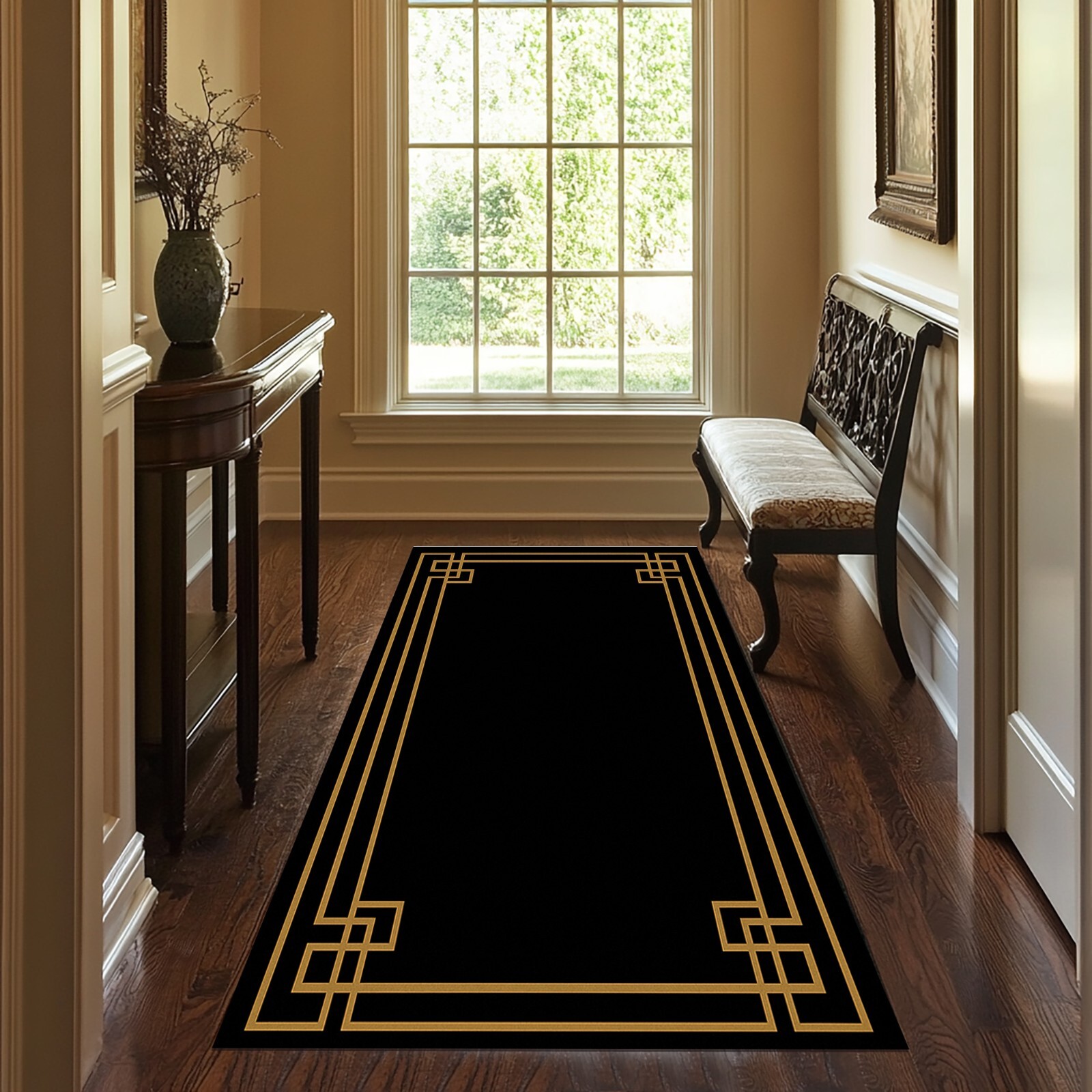 Gold Black Runner, Gold Black Long Rug,Entry Rug,Anti Slip Runner,Hallway Runner