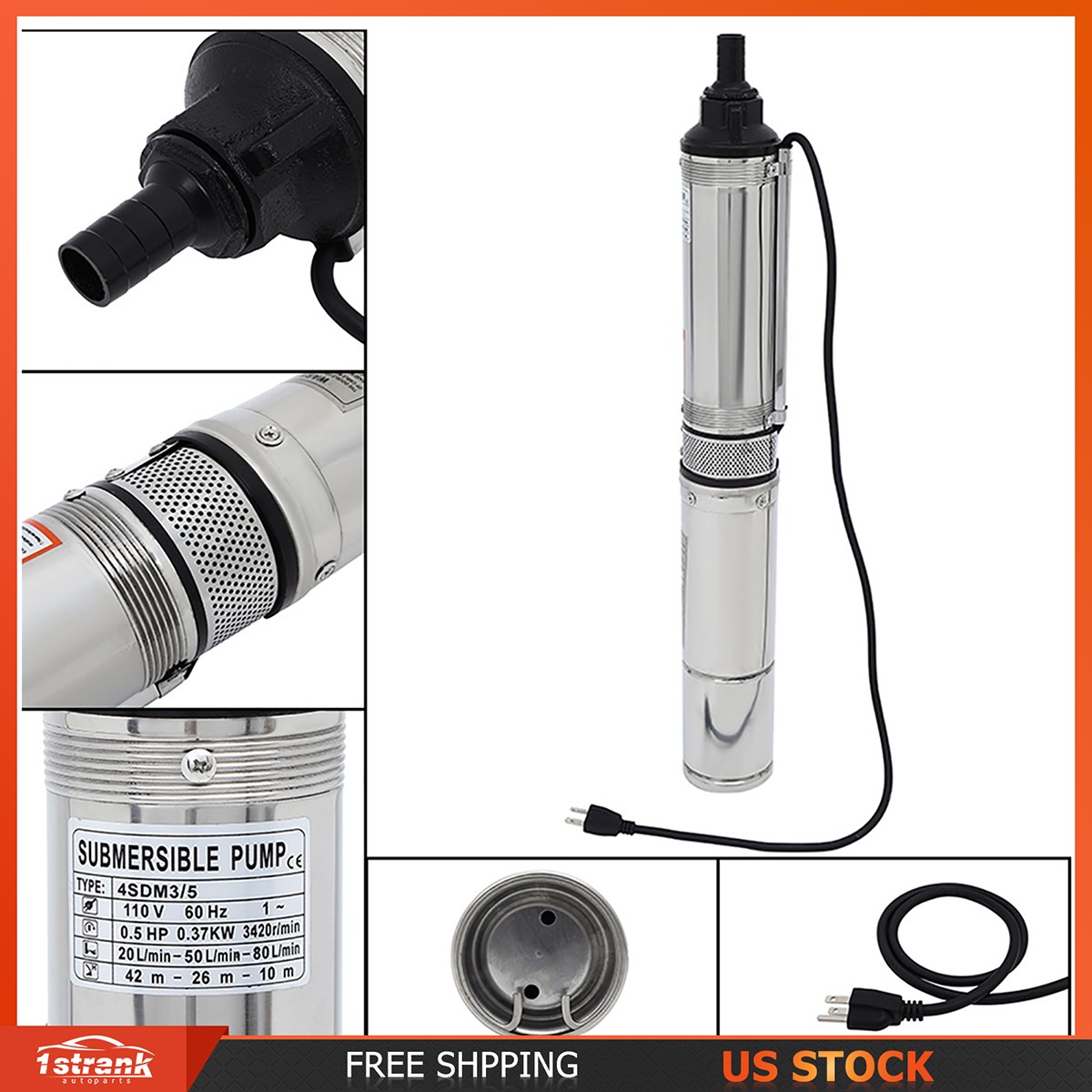 1/2HP Deep Well Water Pump Submersible Stainless Steel 164FT 25.5GPM 115V