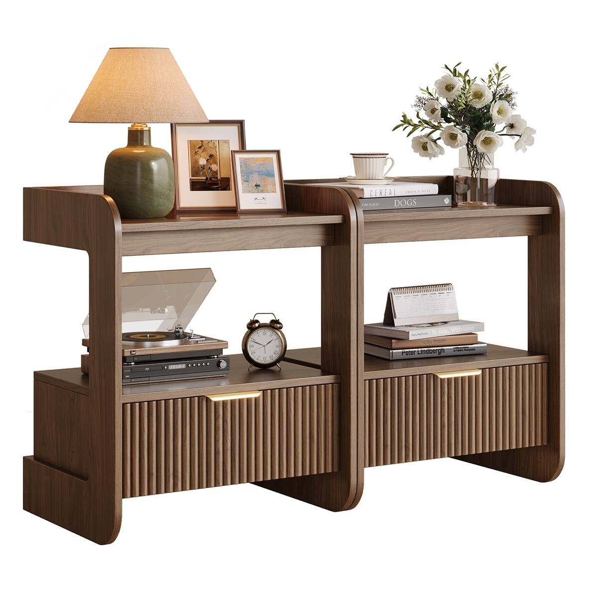 2-Pack Wood Nightstand 17.7″,Glass Top & Drawer, Arc Edge Safety Side Table