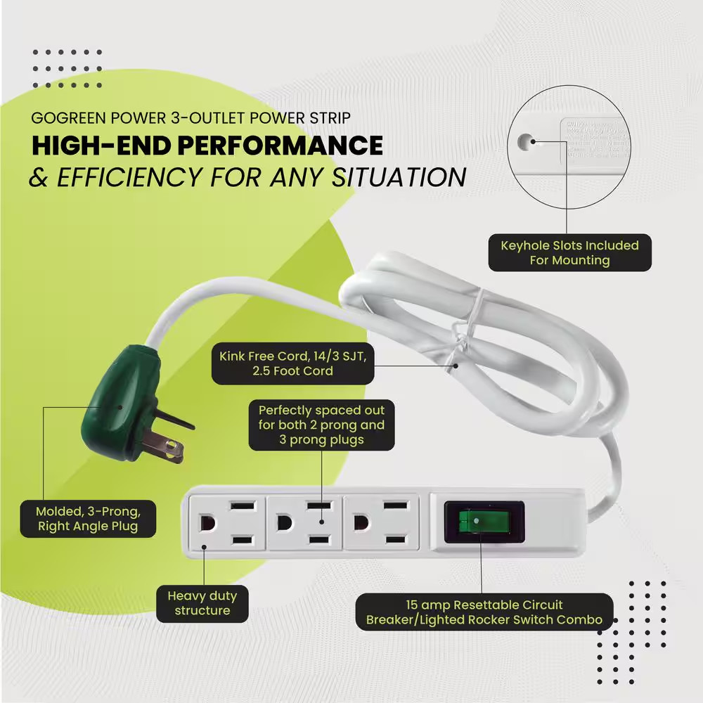 3 Outlet Power Strip Surge Protector with 2.5 Ft. Heavy Duty Cord