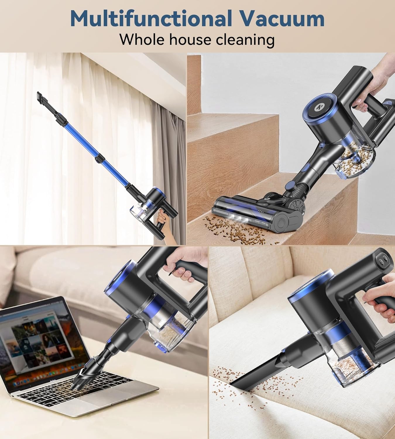 Cordless Vacuum Cleaner 30KPa 45min Runtime Stick 1.5L for Pet Hair Carpet Clean
