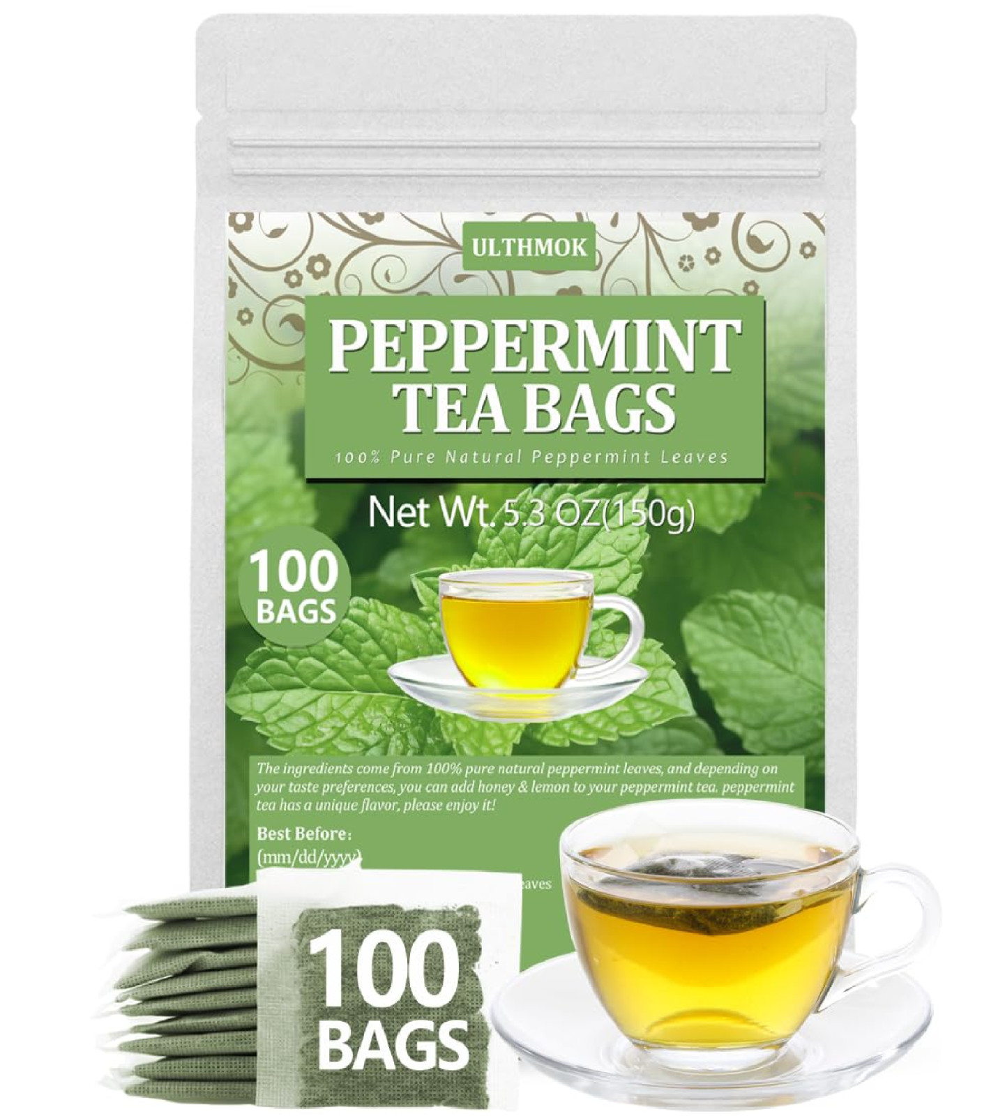 Peppermint Tea Bags, 100 Natural, Caffeine Free – 100 Bags Free Shipping