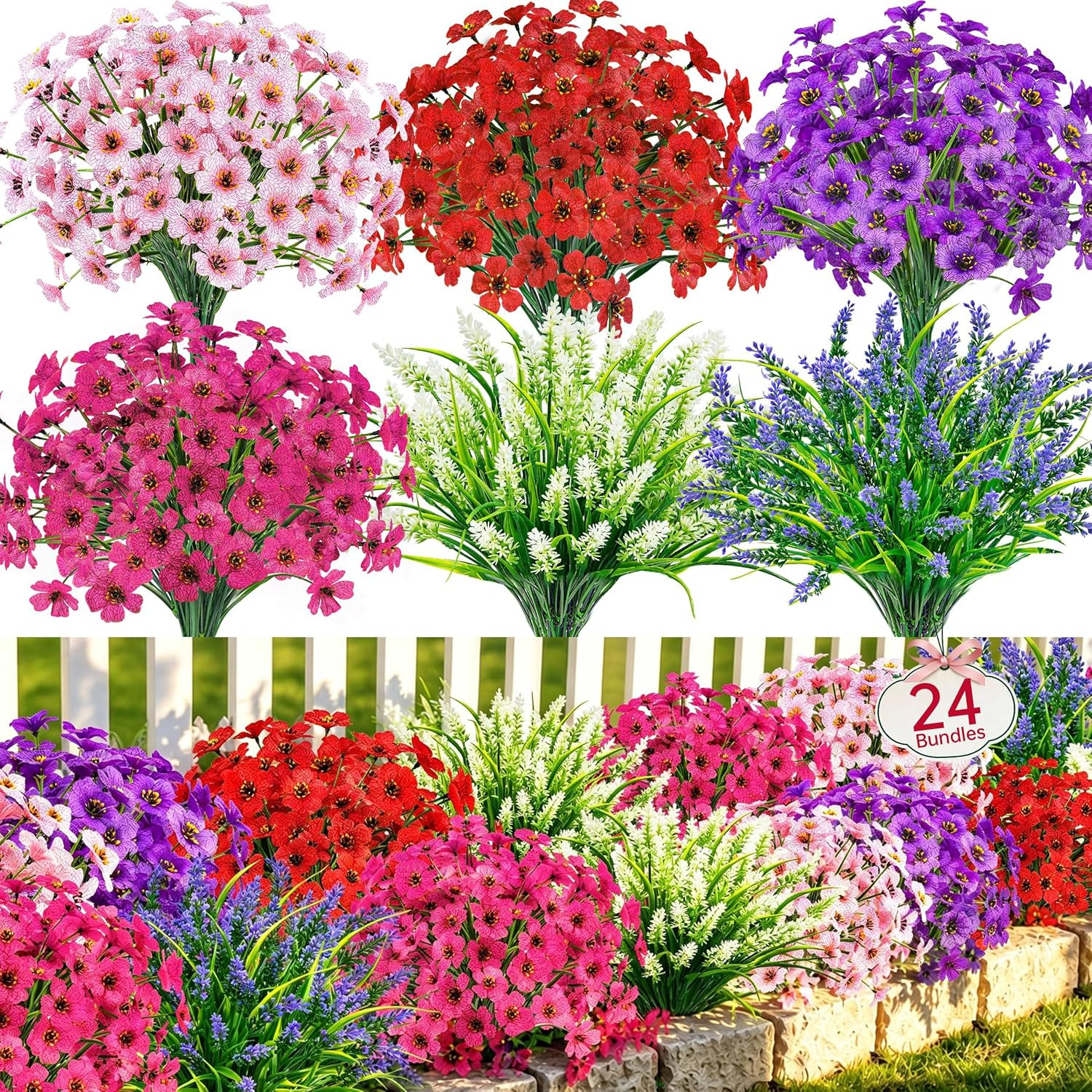 24 Bundles UV Resistant Artificial Flowers for Outdoors Mixed Colors Fake Flower