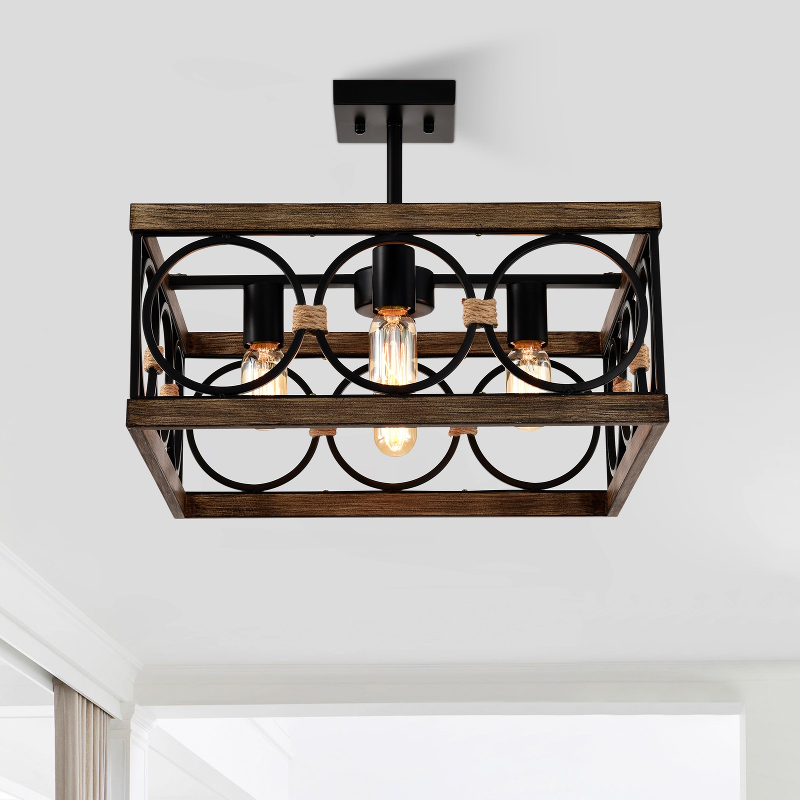 4-Light Square Kitchen Island Light Farmhouse Wood Black Metal Ceiling Fixture