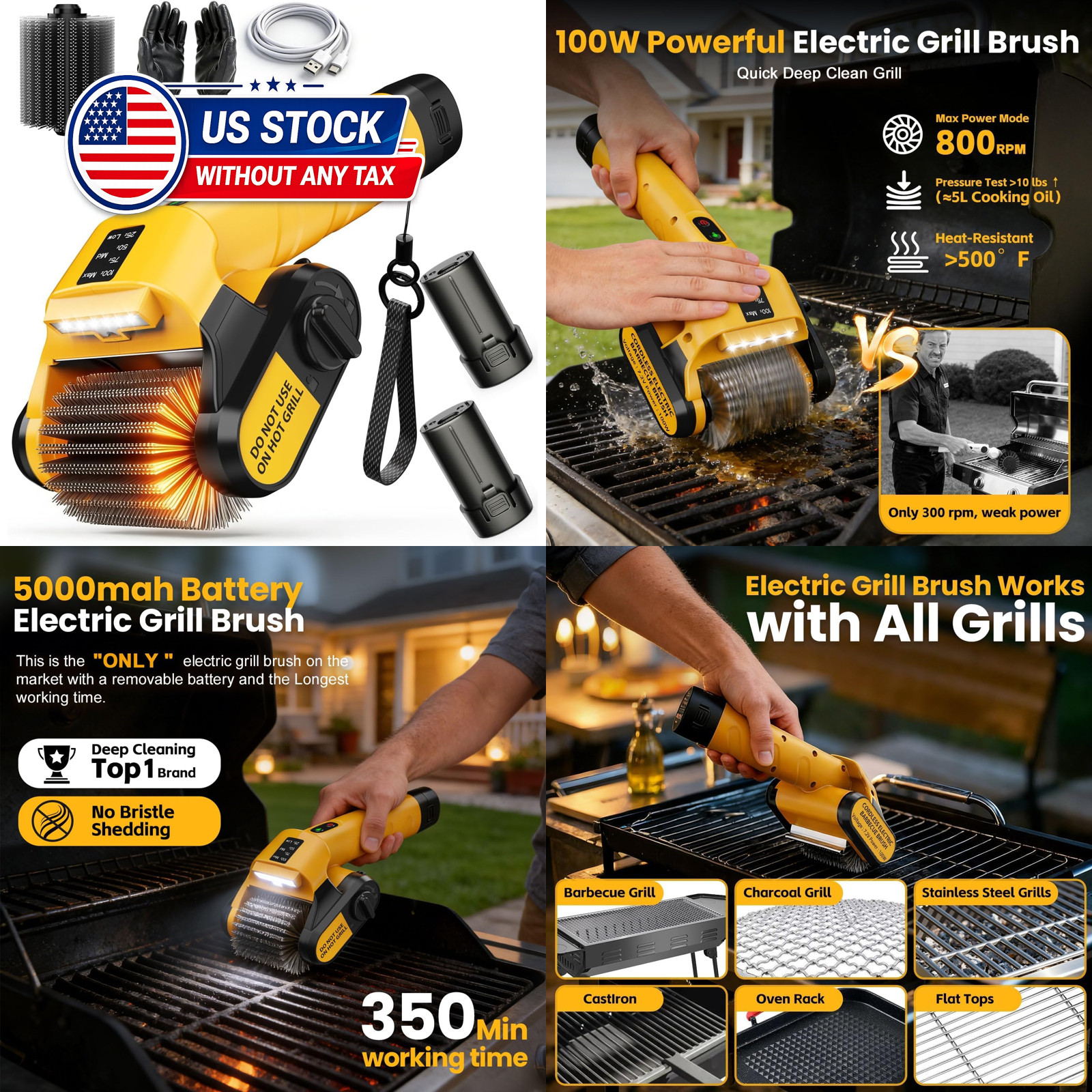 Electric Grill Brush 5000mAh Removable Battery 350 Min Run Time 800 RPM No