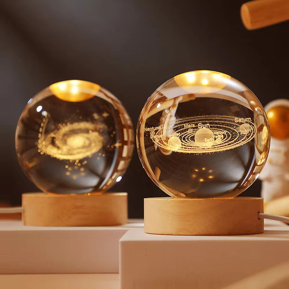 LED Bedside Table Lamp 3D Crystal Ball Night Light Solar System Jellyfish USB