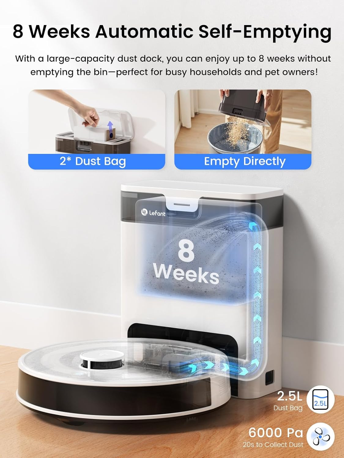 Robot Vacuum and Mop Combo, 8 Weeks Self-Emptying with Dual Dustbin Options, 600