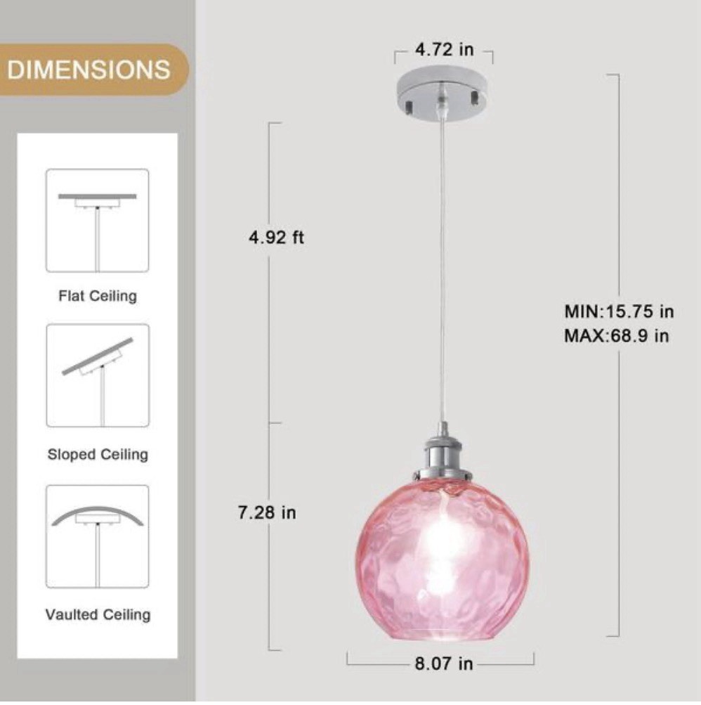Pink Glass Globe 1-Light Pendant, E26 Base, Hardwired, 8.07 In Diameter