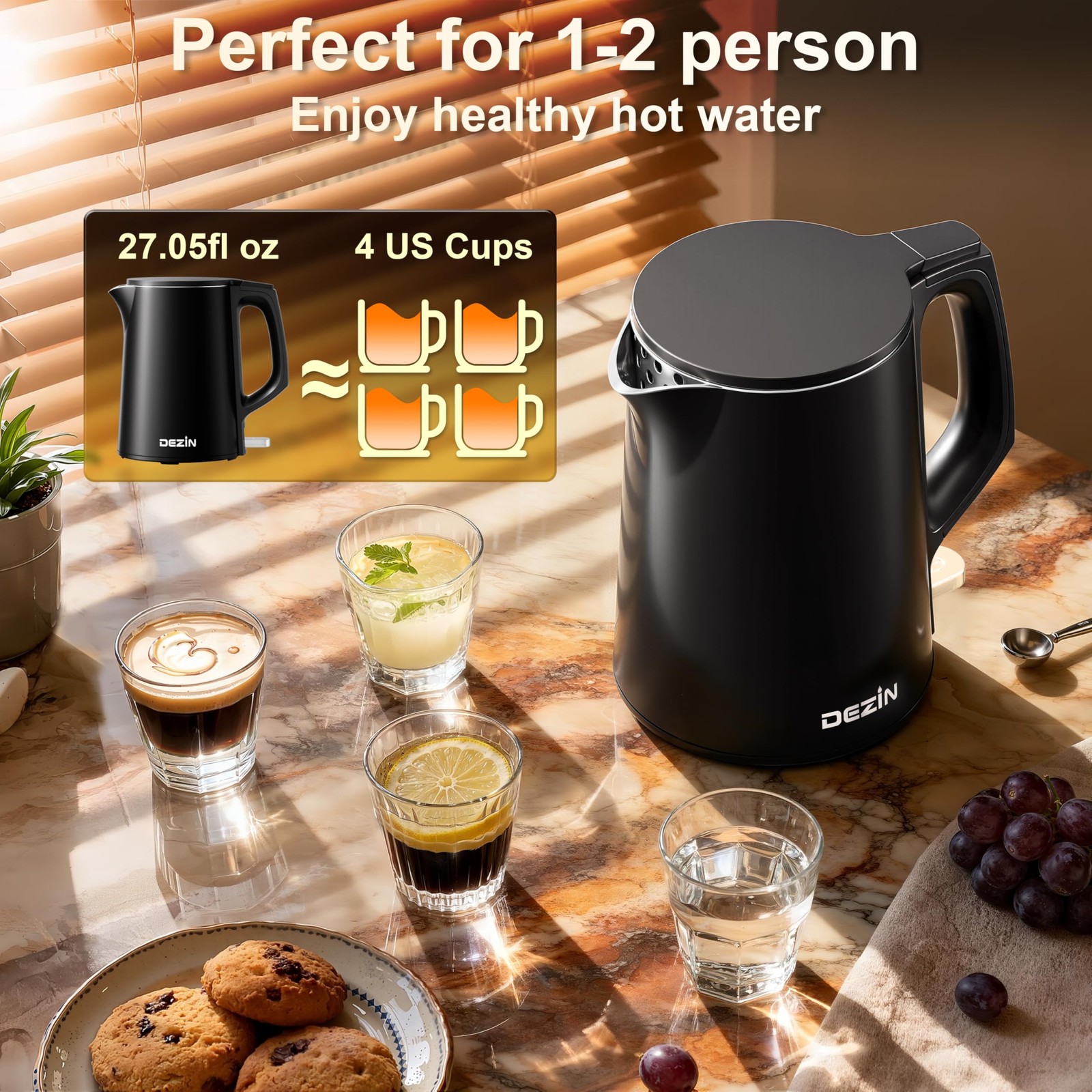 Dezin 0.8L Electric Kettle, Small Electric Kettle with Double Wall Constructi…