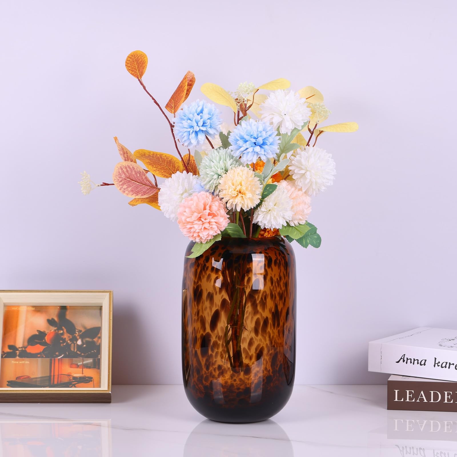 10.3in Amber Vase,Tortoise Shell Decor,Brown Glass,Round Art,Modern Clear Gla…