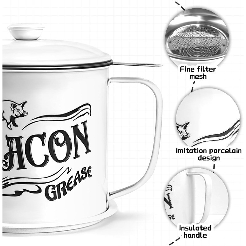 1.3L Bacon Grease Saver Container Fine Mesh Strainer,Stainless Steel Oil Keeper