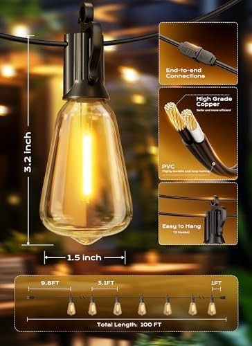 50-200FT LED Outdoor String Lights ST38 Shatterproof 2700K Patio Lights