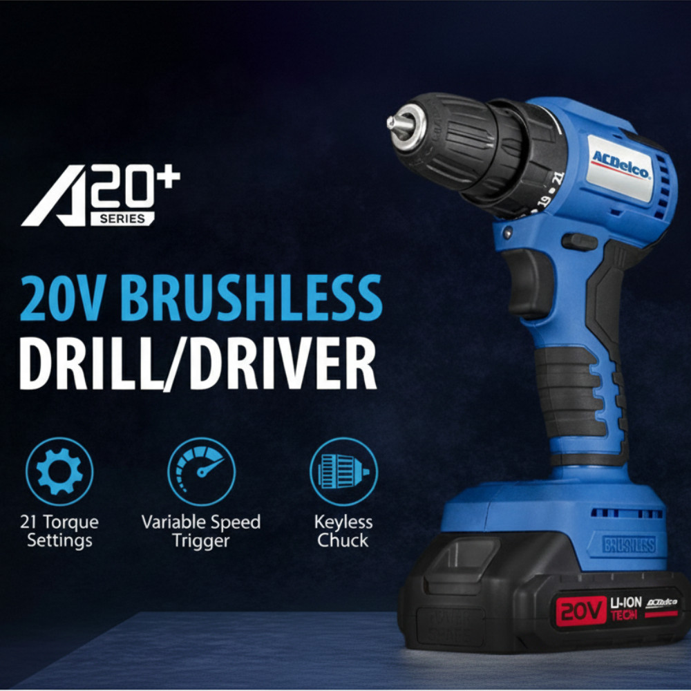 ACDelco 20V Cordless Drill Set, 2 Variable Speed, 400/1300RPM, Driver Bits
