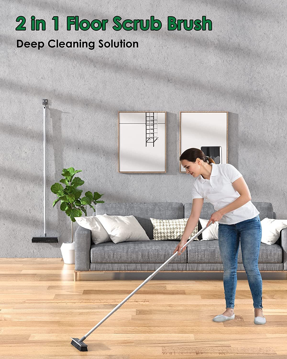 Floor Scrub Brush 2 in 1 Scrape&brush Push Broom Stiff Bristle 17″-55″ Handle