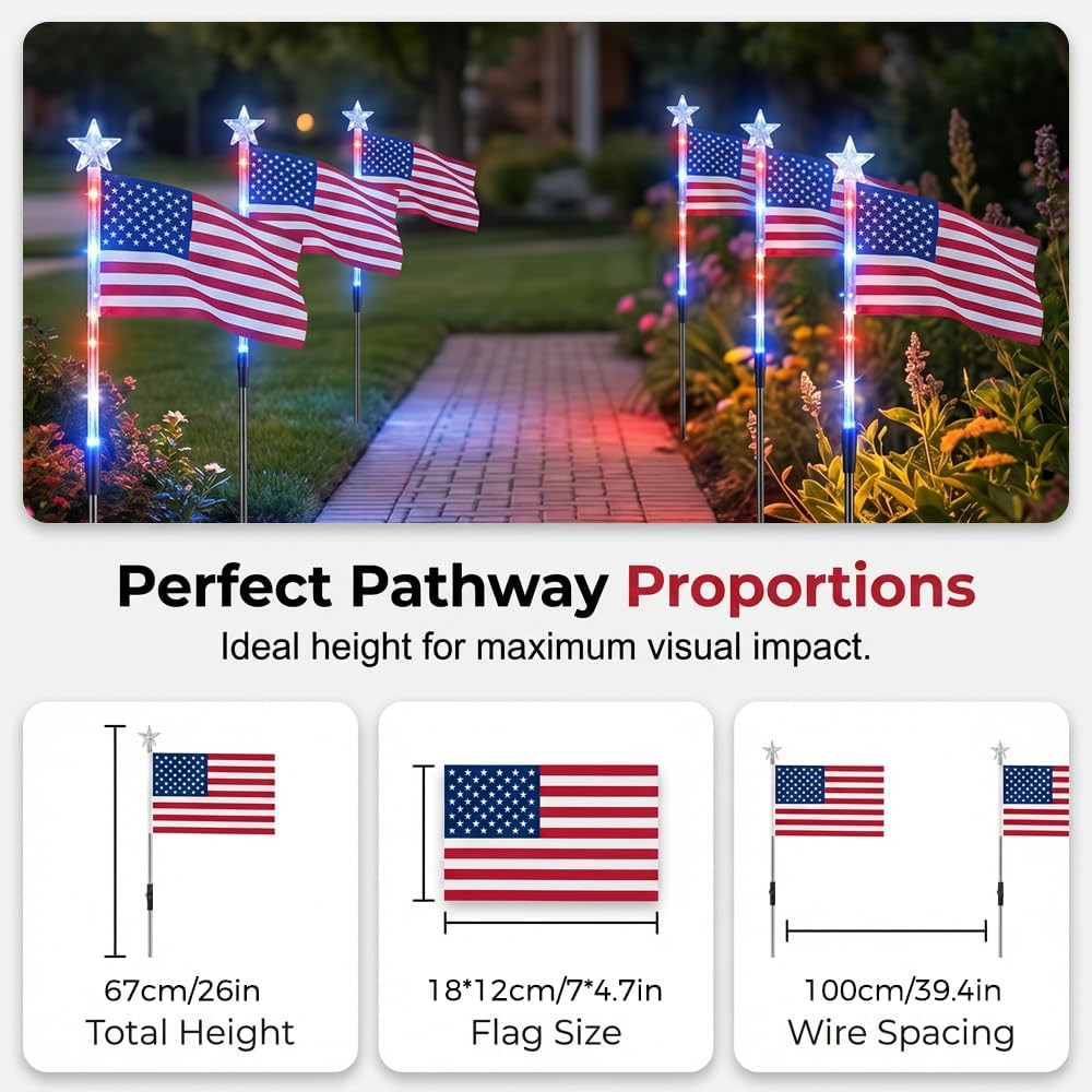 8 Pack Solar American Flag Pathway Lights 4th of July Outdoor Garden Decoration