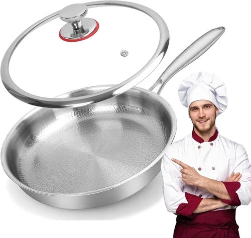 11.02″ Pure Titanium Frying Pan with Lid Hammered Nonstick Induction Oven Safe