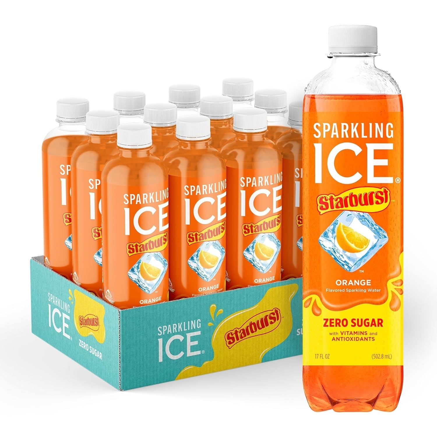 Sparkling Ice STARBURST Orange, Zero Sugar Sparkling Water, 17oz (12 Ct)