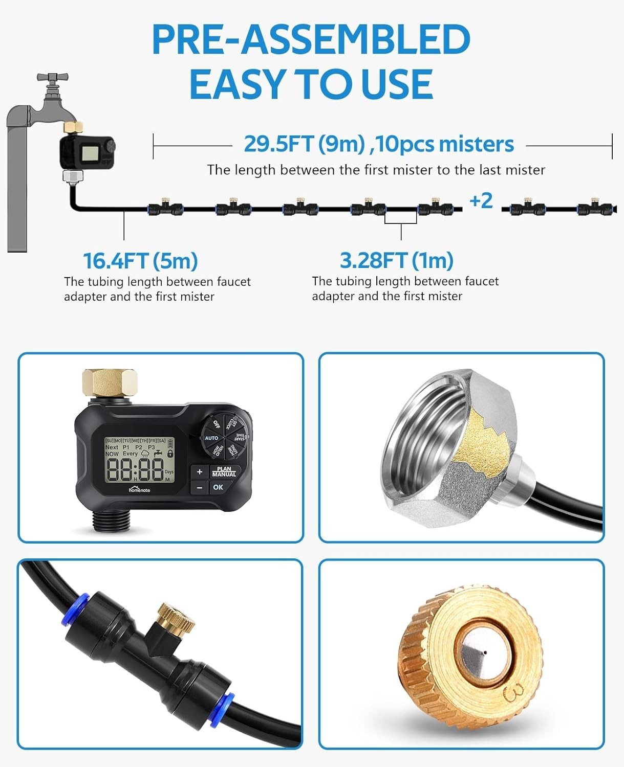 Automatic Misting Cooling System with Timer, 46FT Misting Line, 10 Brass Nozzles