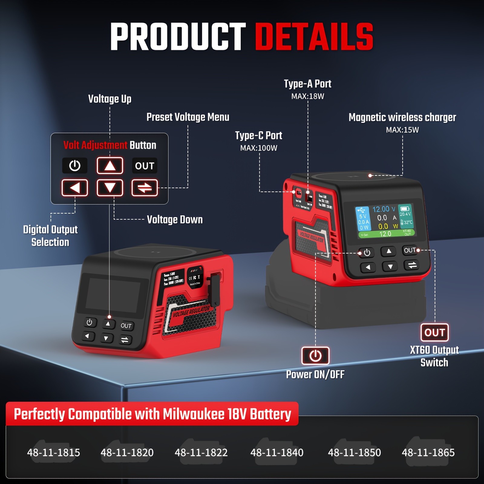Portable Power Source Kit for Milwaukee 18V Battery AC DC Outlet 100W USB-C LED