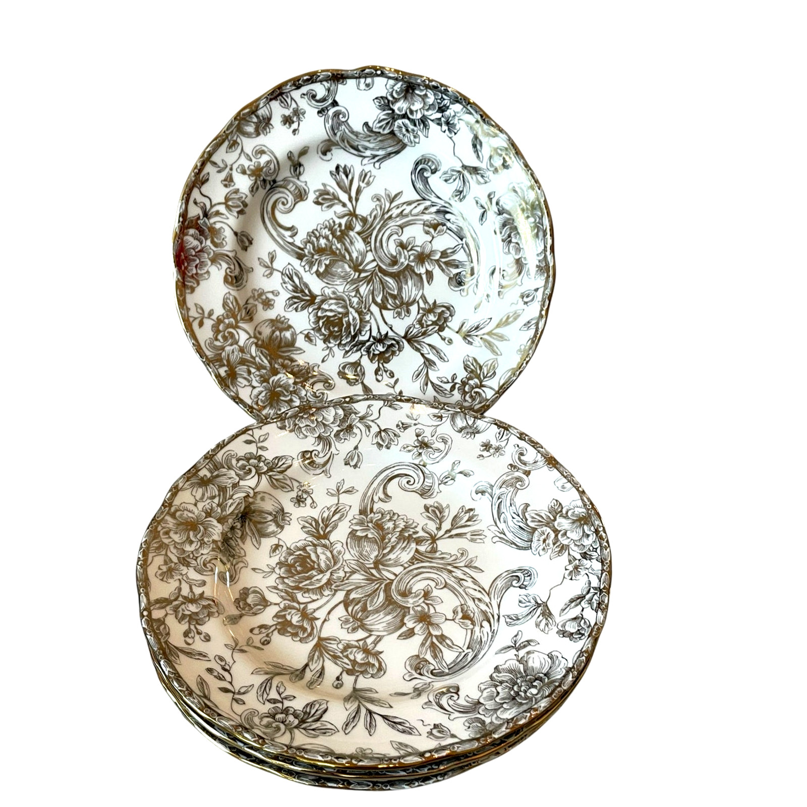 222 Fifth Hawthorne Gold Porcelain Dinner Plates 10.5in Set of 4 NEW