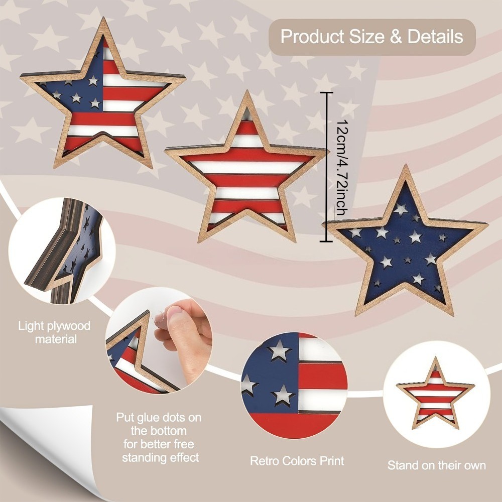 3Pcs Patriotic Wooden Star Decor American Flag Tabletop Ornament for 4th of July