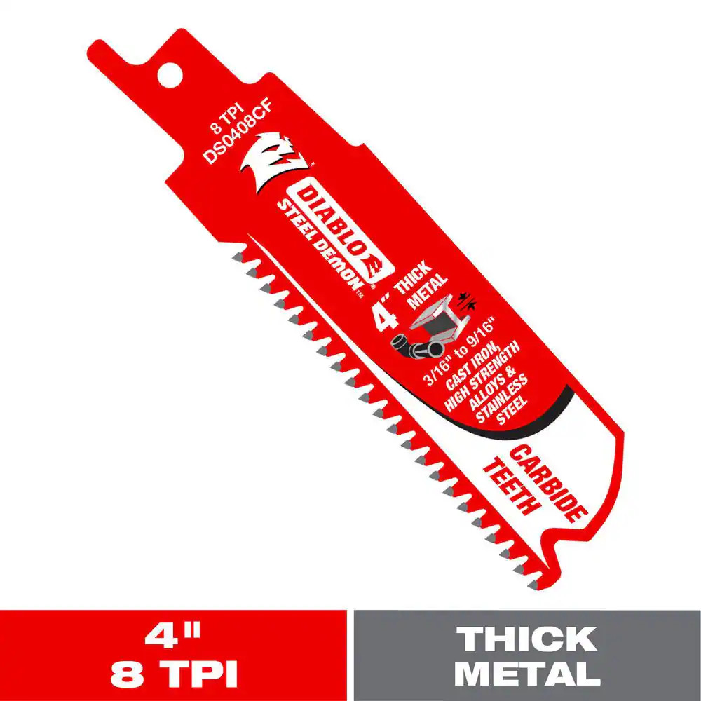 4 In. 8 TPI Steel Demon Carbide Reciprocating Saw Blade for Thick Metal Cutting