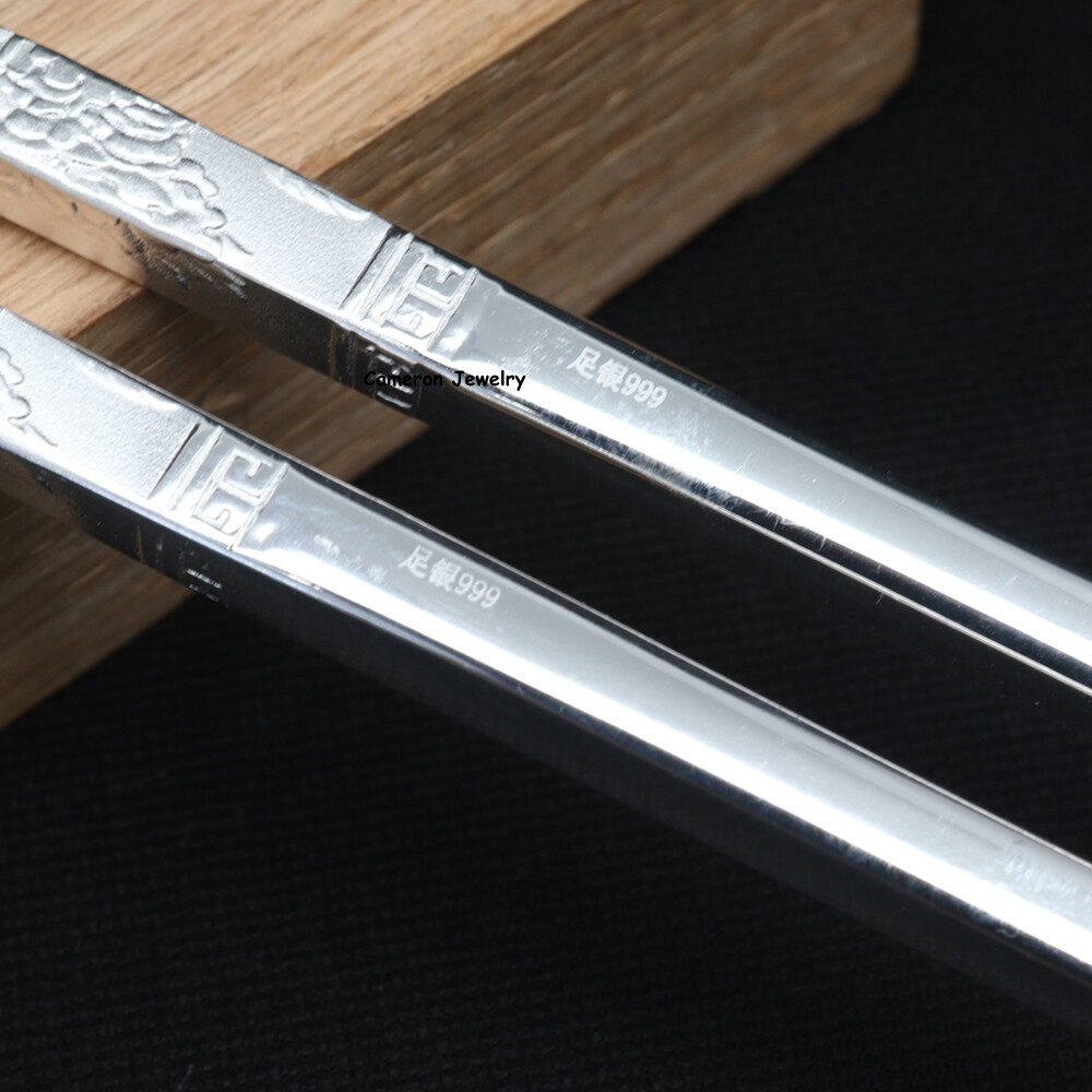 Solid S999 Fine Silver 999 Chopsticks Blooming Flowers Dinnerware 47-48g 8.26in