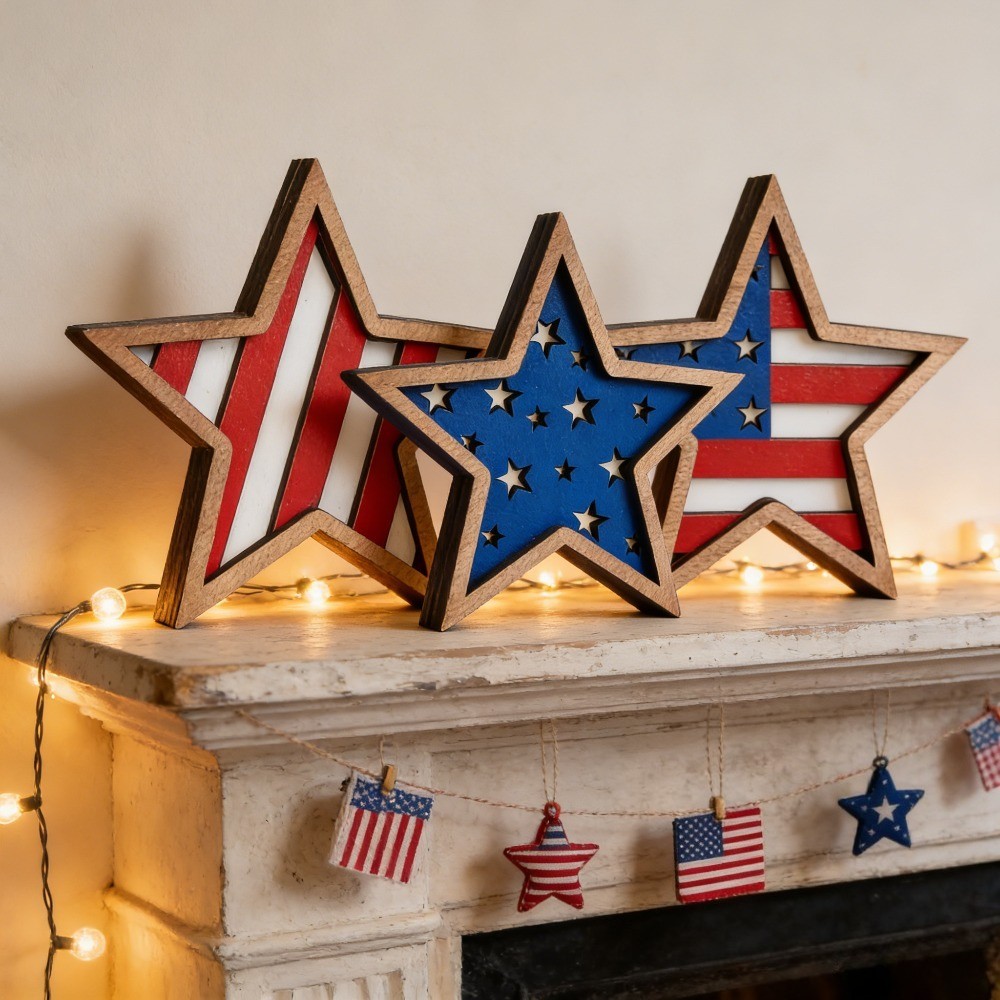 3Pcs Patriotic Wooden Star Decor American Flag Tabletop Ornament for 4th of July