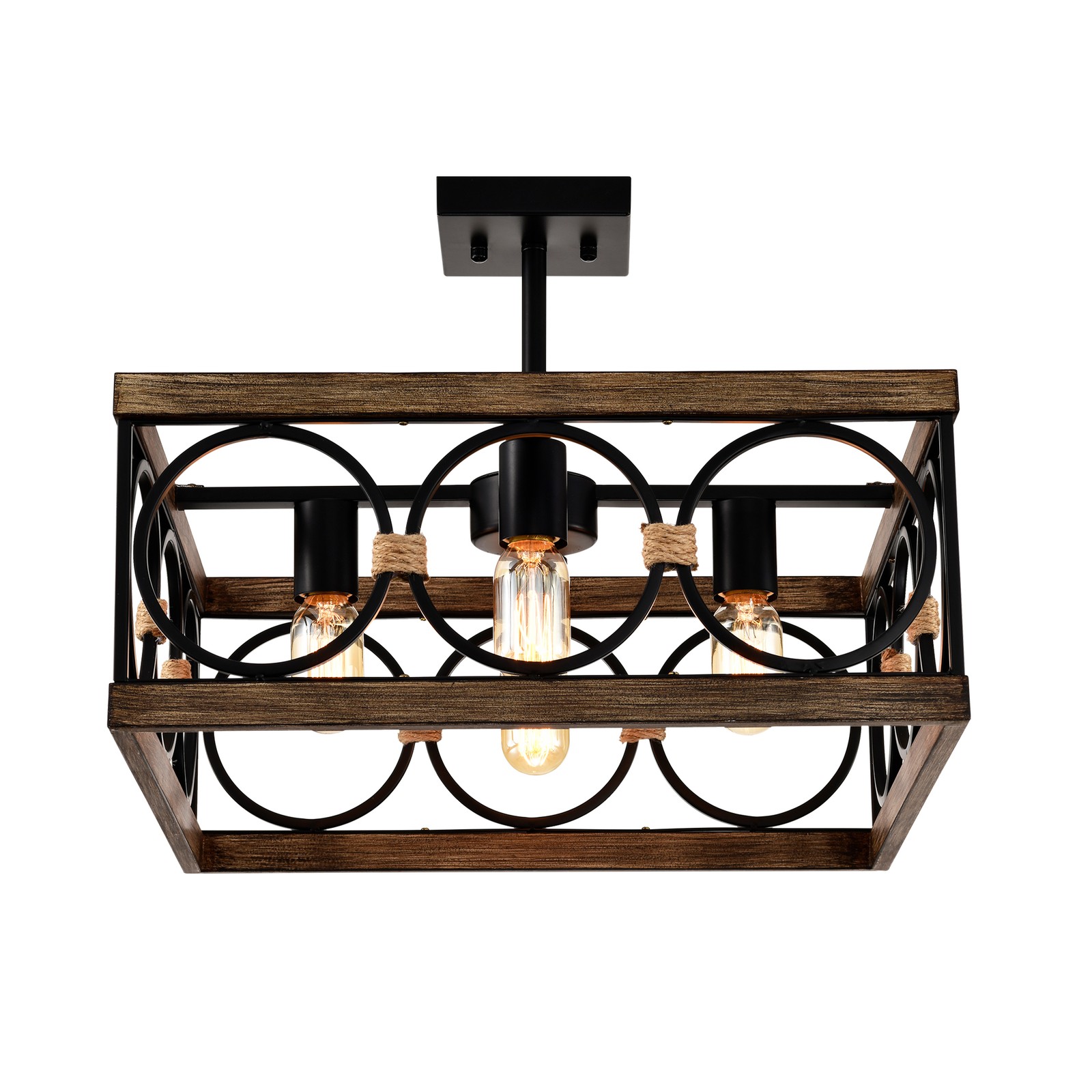 4-Light Square Kitchen Island Light Farmhouse Wood Black Metal Ceiling Fixture