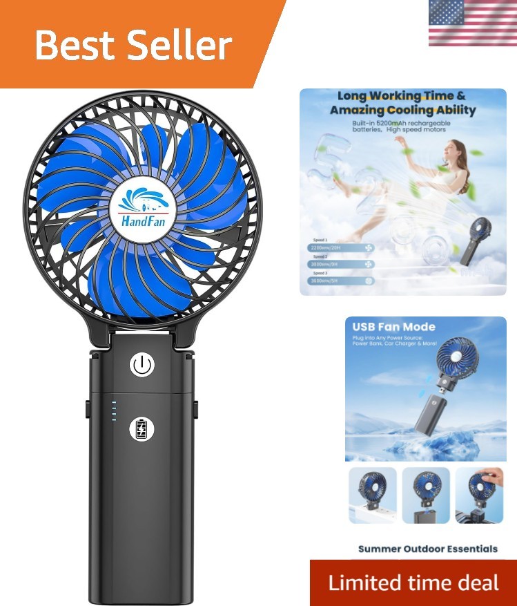5200mAh Portable Handheld Fan Rechargeable – 3 Speeds Foldable Personal Cooli…