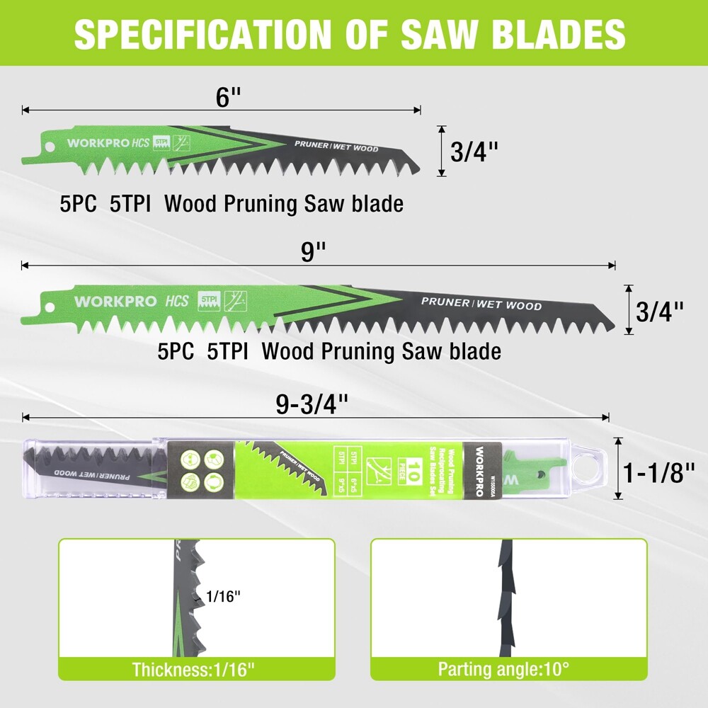 WORKPRO 6/9″ Wood Pruning Reciprocating Saw Blades 10PCS 5 TPI Pruner Saw Blades