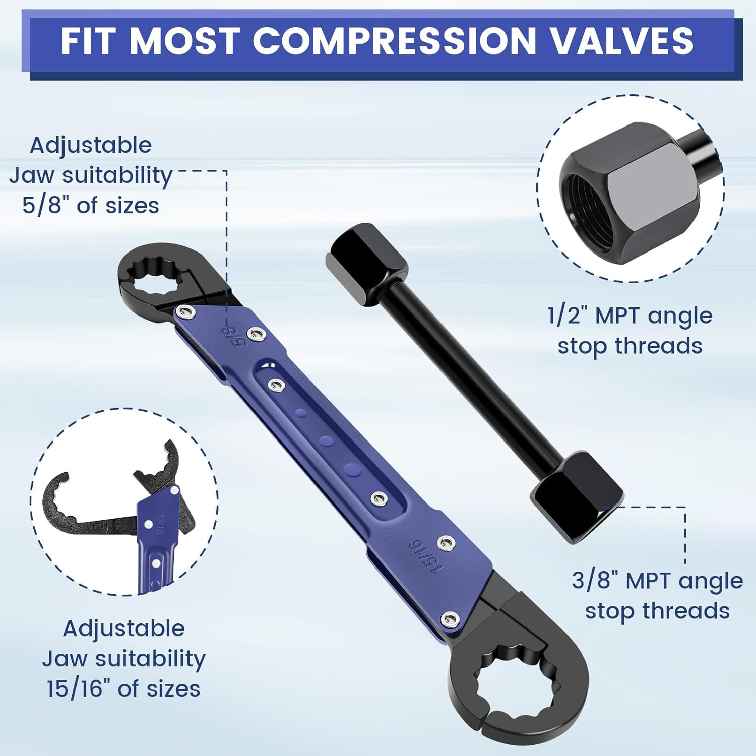 Plumbing Tools, Angle Stop Wrench Angle-On Wrench Kit, Professional Plumbers Wre